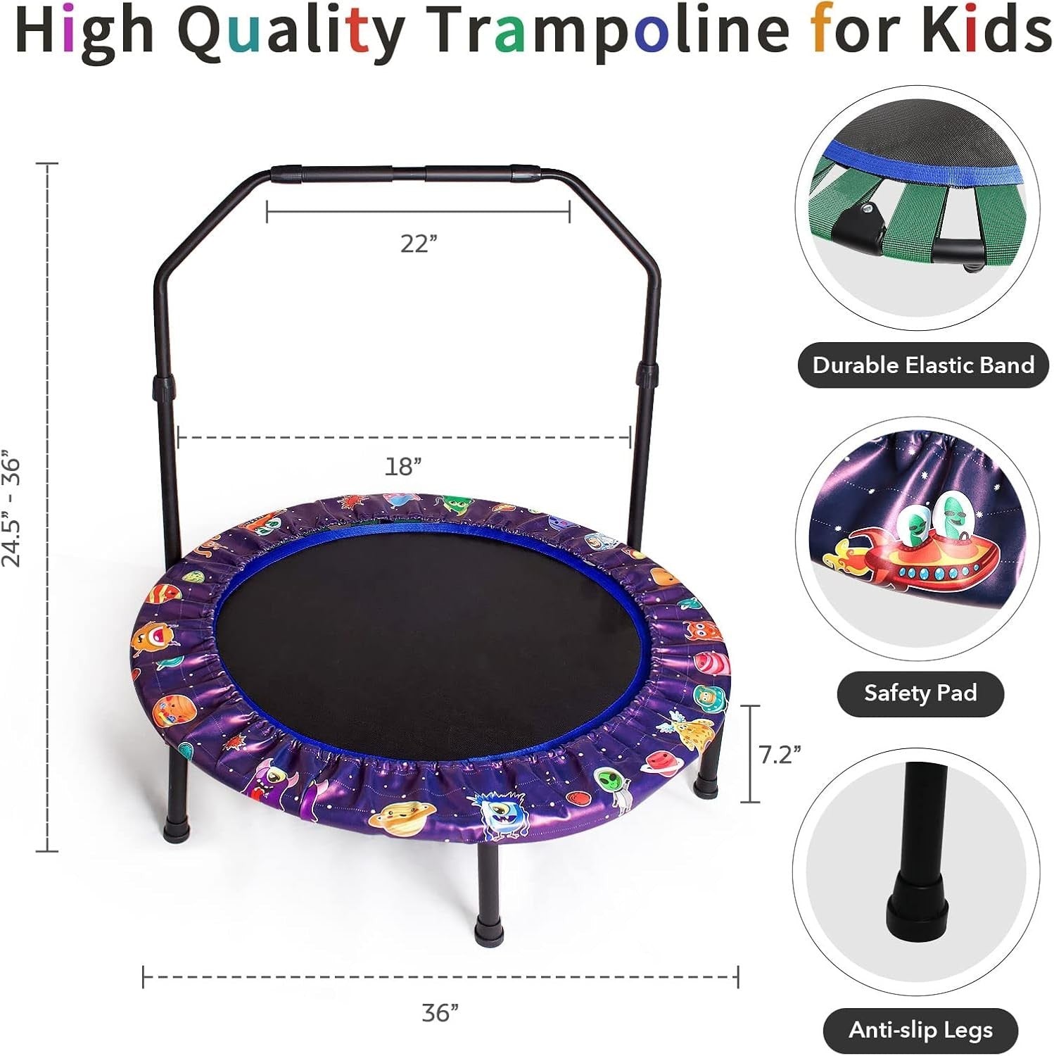 36 Inch Kids Trampoline Adjustable Handle Foldable Indoor Outdoor Bungee