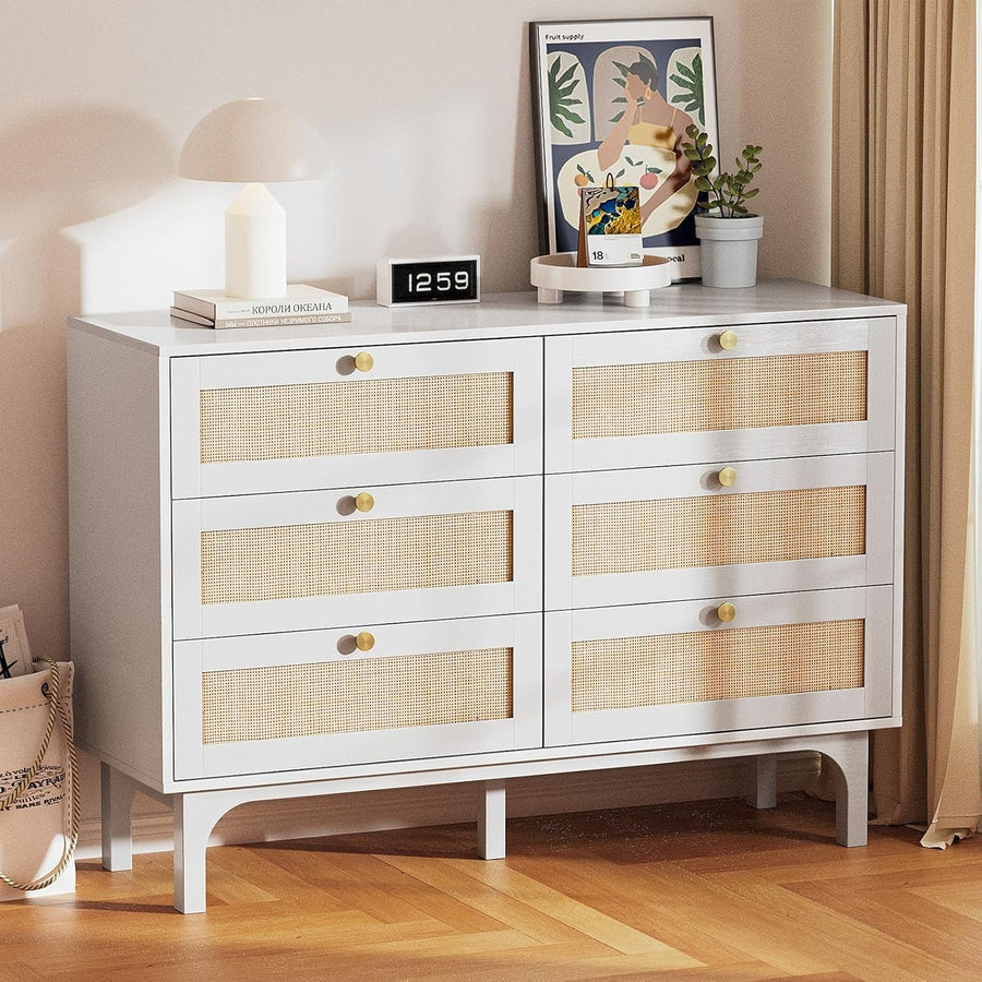 White 6 Drawer Rattan Chest – Sturdy Storage Cabinet for Bedroom & Living Room