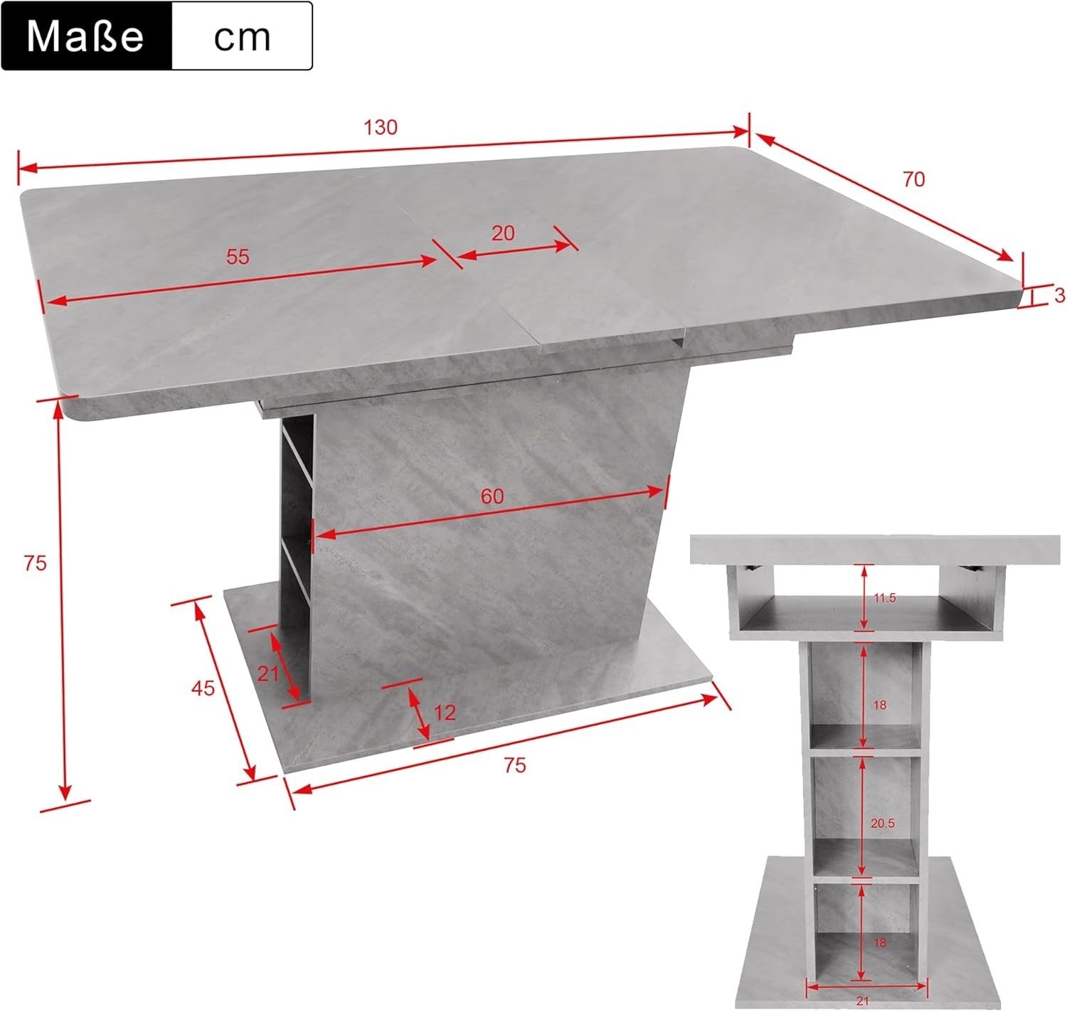 Extendable Grey Dining Table Storage Space-Saving Modern 130cm Desk