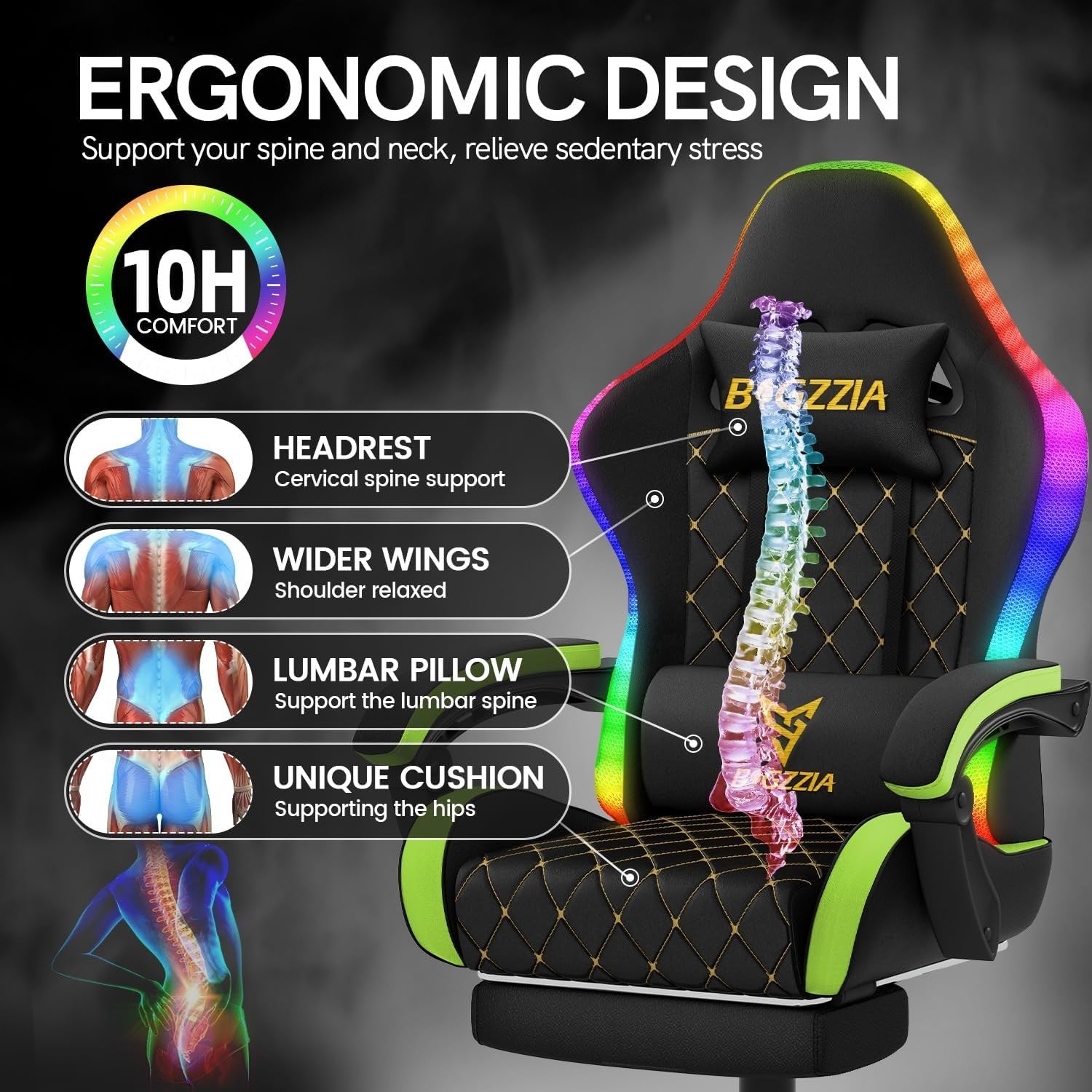 Gaming Chair LED Lights Recliner Footrest Ergonomic High Back