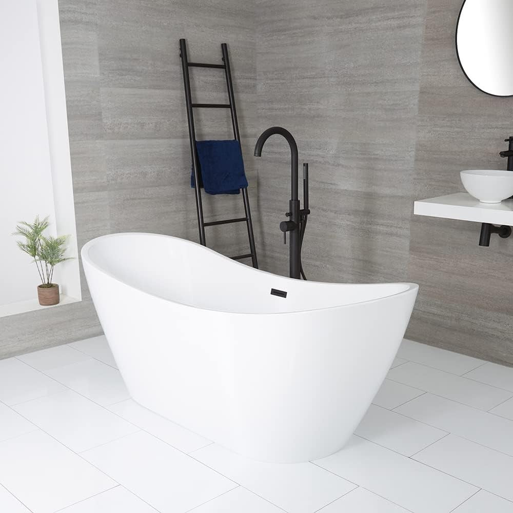 White Double Ended Freestanding Oval Bath 1830x710mm Black Overflow