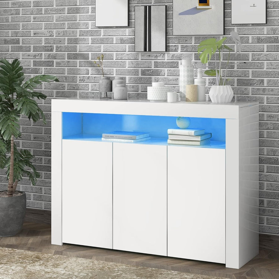 High Gloss White Sideboard 3 Doors LED Cabinet Storage Modern Living Room