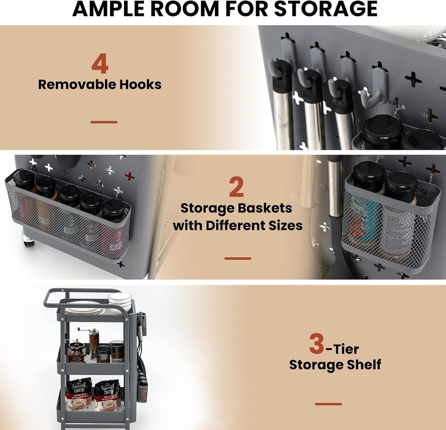 3 Tier Rolling Utility Cart Metal Storage Trolley Pegboard Organizer Grey