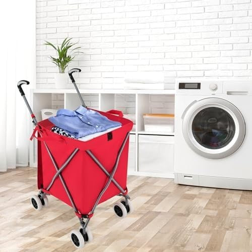90L Folding Shopping Trolley 8 Wheels Large Push Cart Waterproof Red