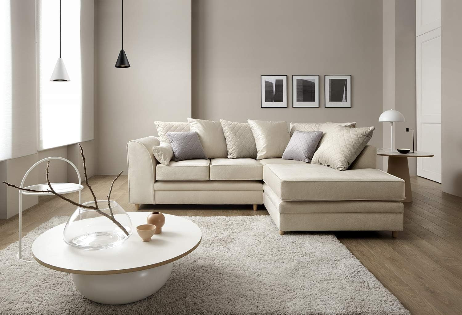 Cream Right Hand L Shape Corner Sofa Velvet Water-Repellent Modern Comfort
