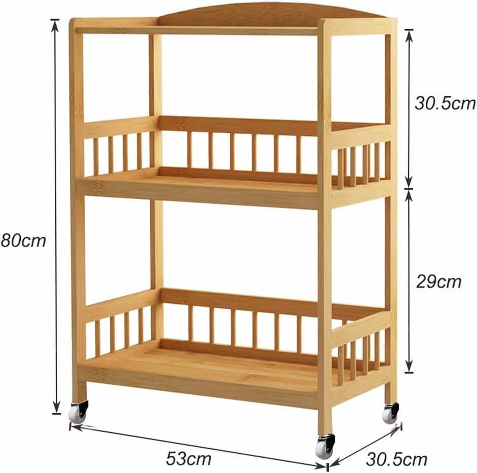 Bamboo Kitchen Trolley 3 Tier 80cm Wheels