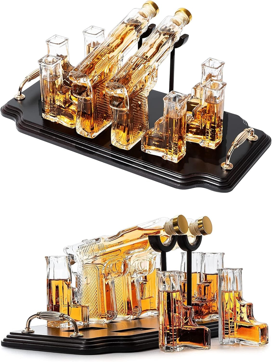 Whiskey Decanter Set with Bullet Glasses Stand | Unique Pistol Themed Gift for M