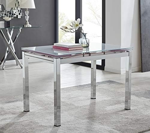 Modern White Glass Extending Dining Table with 4 Black Quilted Chairs Set