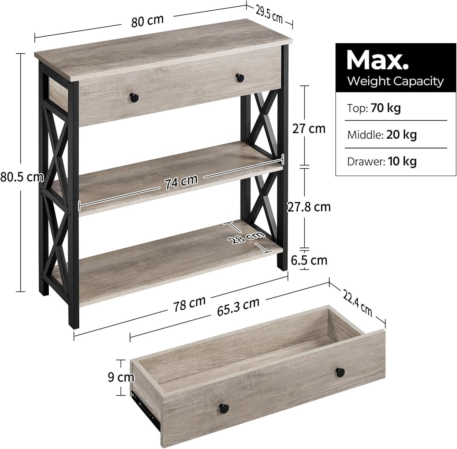 Compact Grey Console Table with Drawer & 2 Shelves, 80x29.5x81cm, Stylish