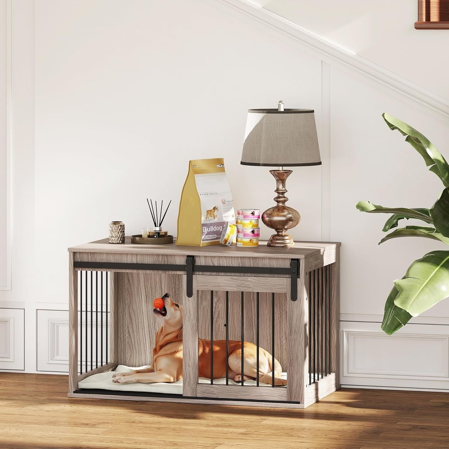 Large Indoor Dog Crate Furniture with Sliding Barn Door & Washable Cushion