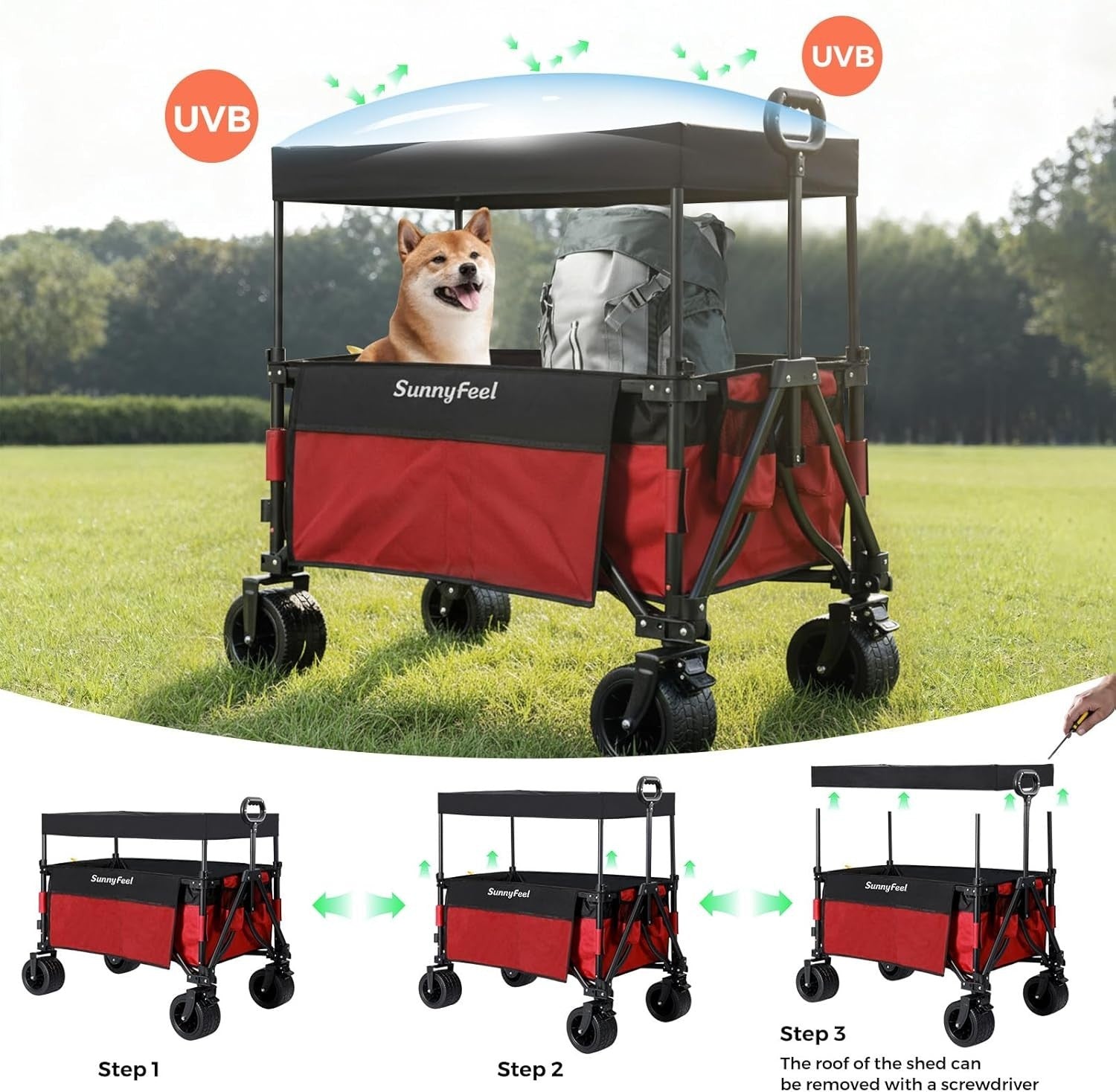 3 in 1 Collapsible Wagon 230L Cart 220lb Load Canopy All Terrain Wheels Red