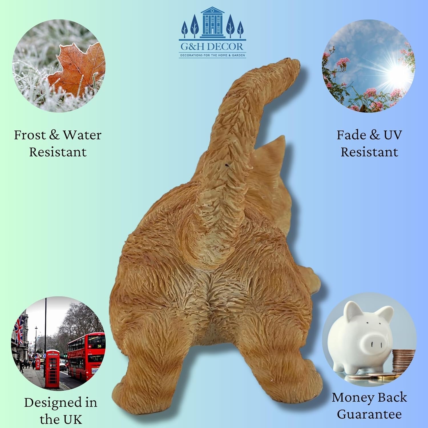 Realistic Ginger Cat Statue Sneaking 32cm Resin Weatherproof Garden Ornament