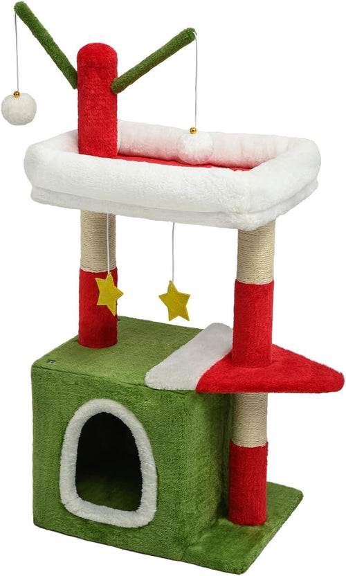 Christmas Cat Tree 79cm Festive Scratching Tower with Condo Toys Red Green