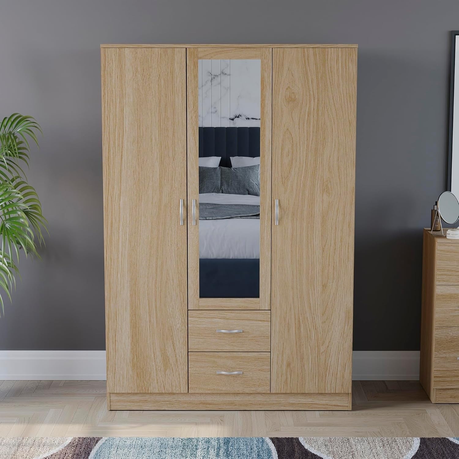 3 Door Mirrored Wardrobe with Drawers & Rail, Pine Tall Bedroom Unit