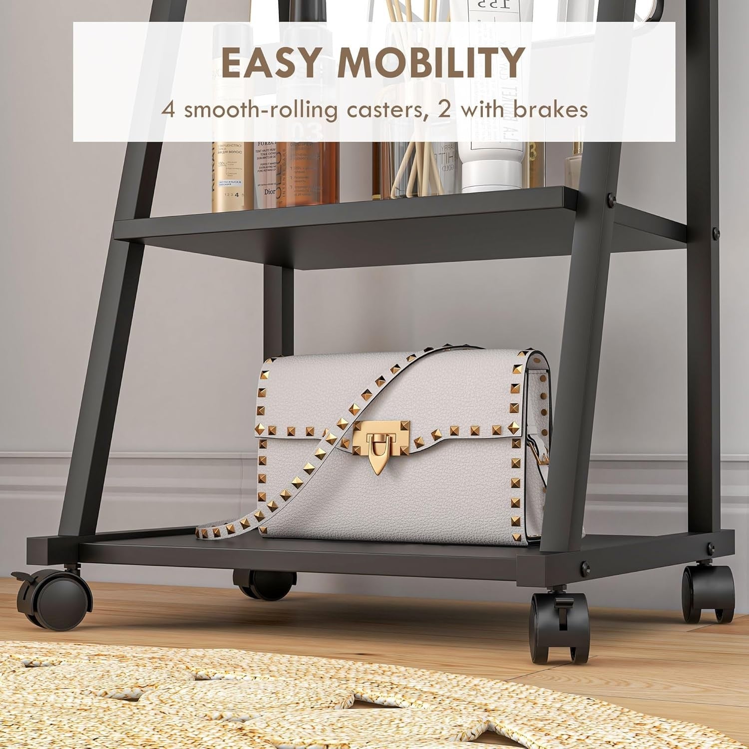 Full Length Adjustable Mirror on Wheels with Storage Shelves, 155cm