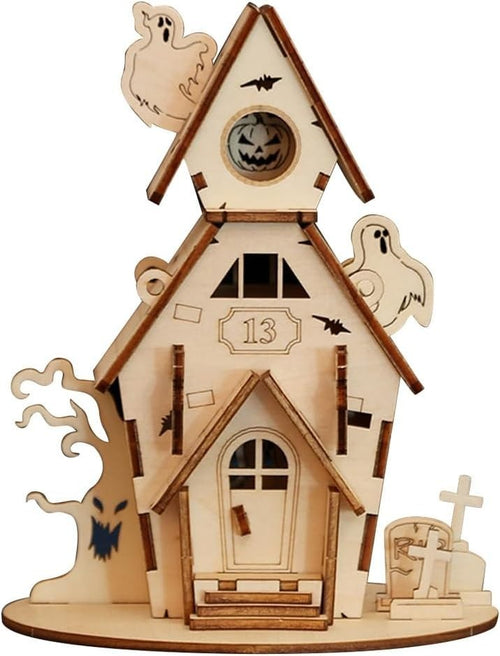 3D Wooden Halloween Ghost House Puzzle Model Kit - Handmade DIY Decor