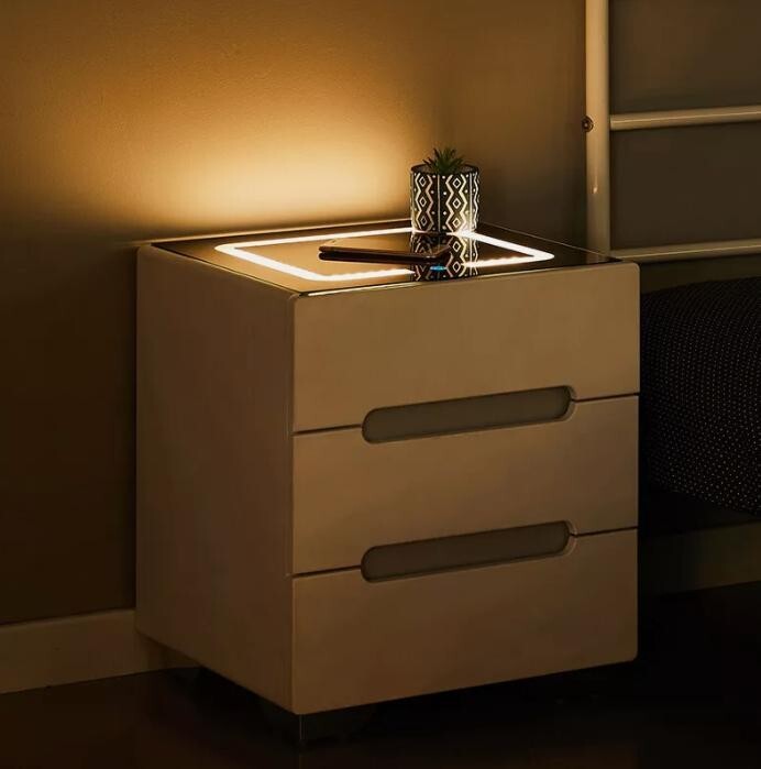 Modern LED Bedside Table with Wireless Charging, 3 Drawers, MDF, 50cm