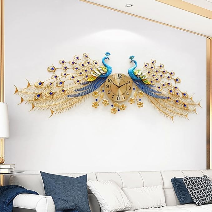 Large Twin Peacock Wall Clock 156cm Luxury Metal Art Silent Modern Home Decor