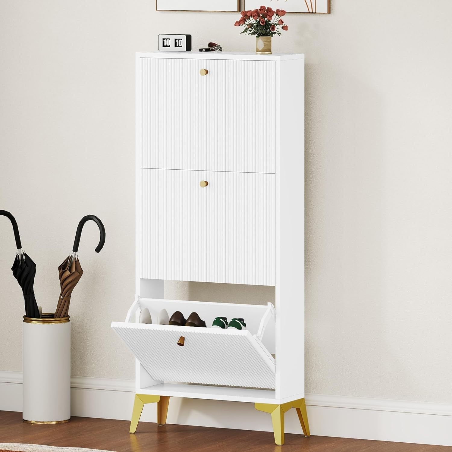 Slim White Shoe Cabinet with 3 Flip Drawers & Adjustable Dividers, Space-Saving
