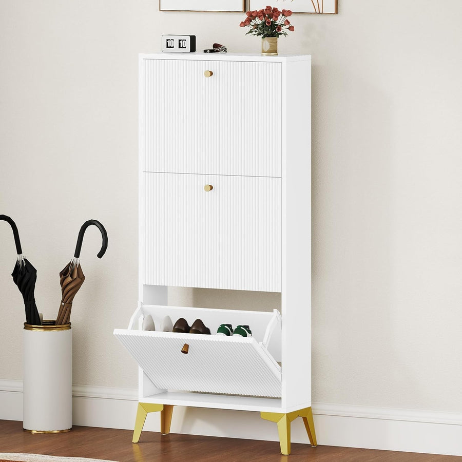 Slim White Shoe Cabinet with 3 Flip Drawers & Adjustable Dividers, Space-Saving