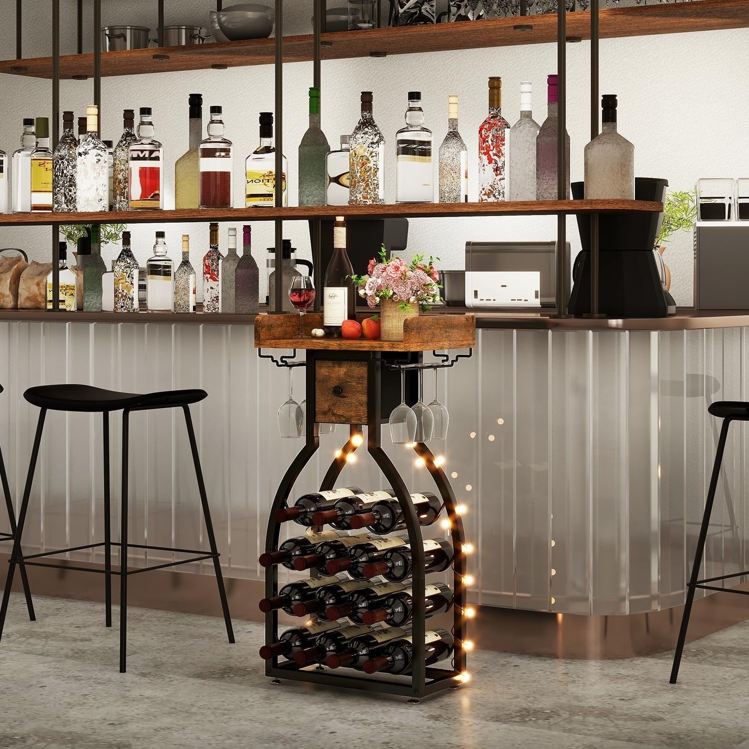 Freestanding Wine Rack Bar Cabinet 15 Bottle Storage with Glass Holder & Drawer