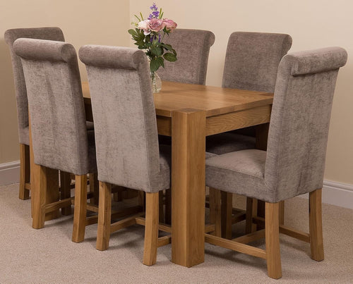 6 Seater Solid Oak Dining Table Set with Grey Fabric Chairs 125x80cm