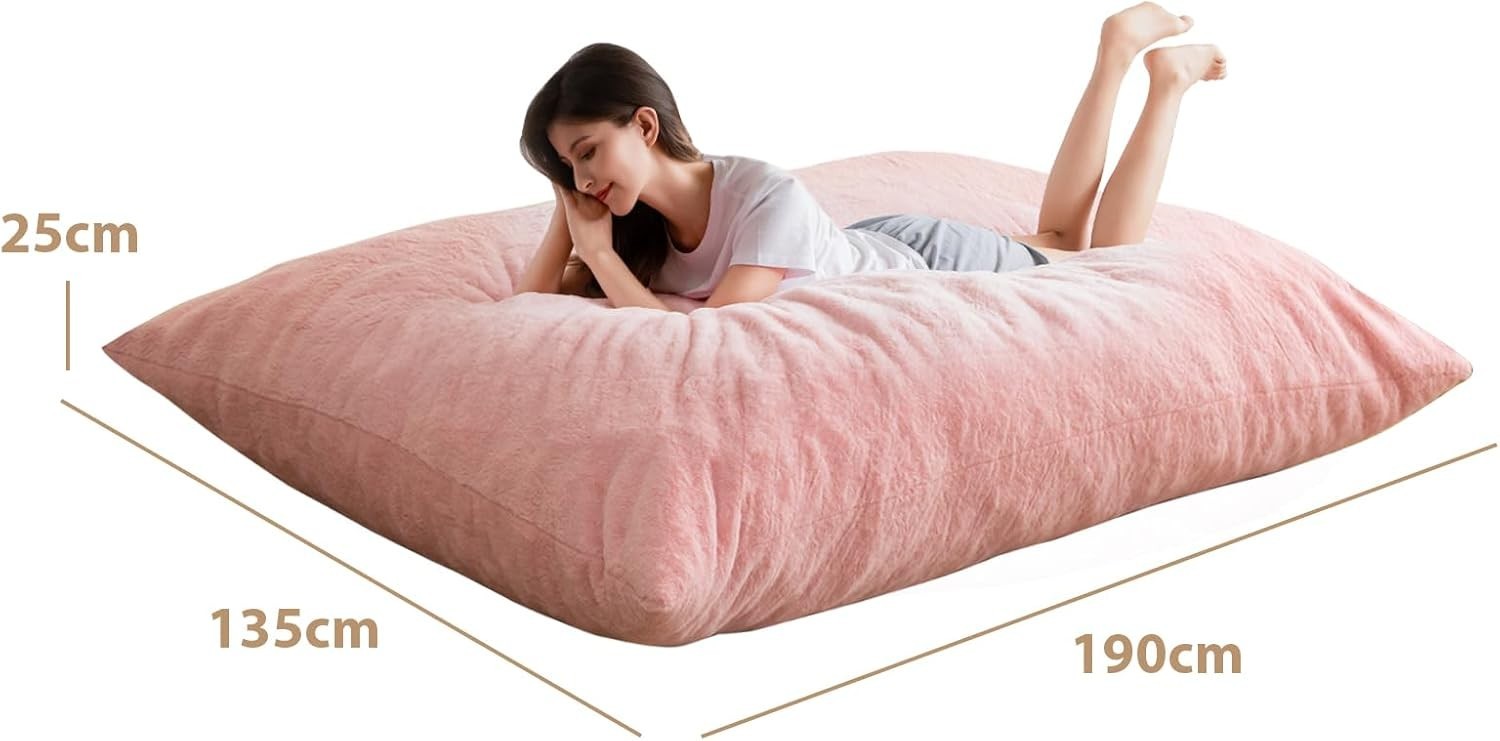 Pink Bean Bag Sofa Bed 135x190cm | Foldable Faux Fur Floor Lounger Chair