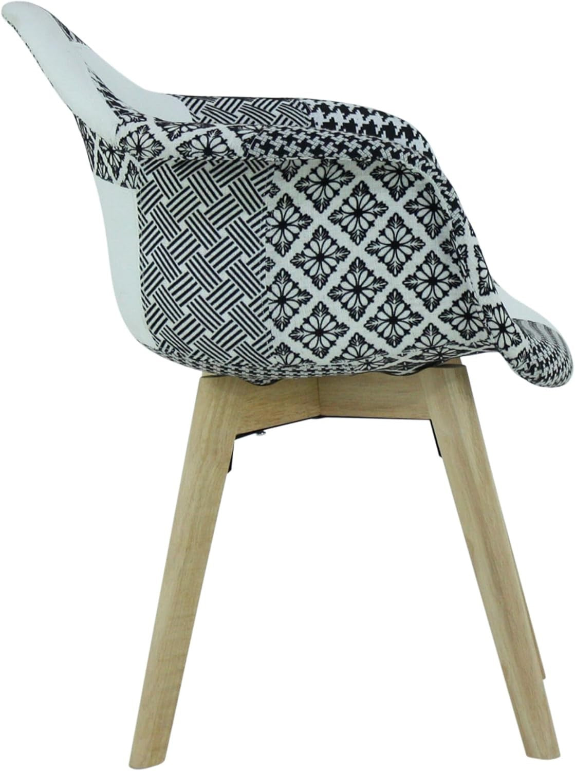 Black White Patchwork Dining Chair with Arms Wood Legs Fabric
