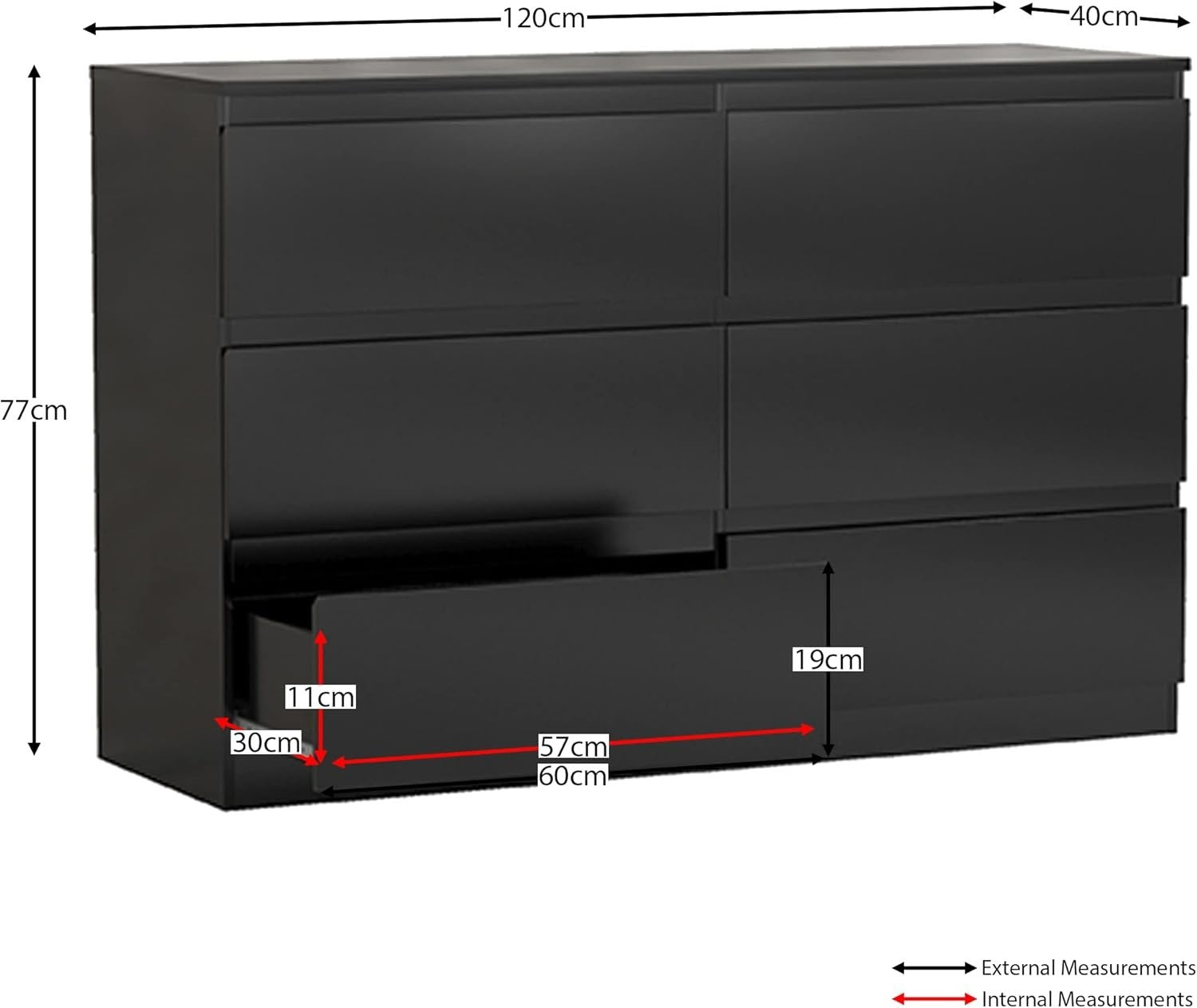 Modern 6 Drawer Chest Black Wood Storage Unit Bedroom Living Room
