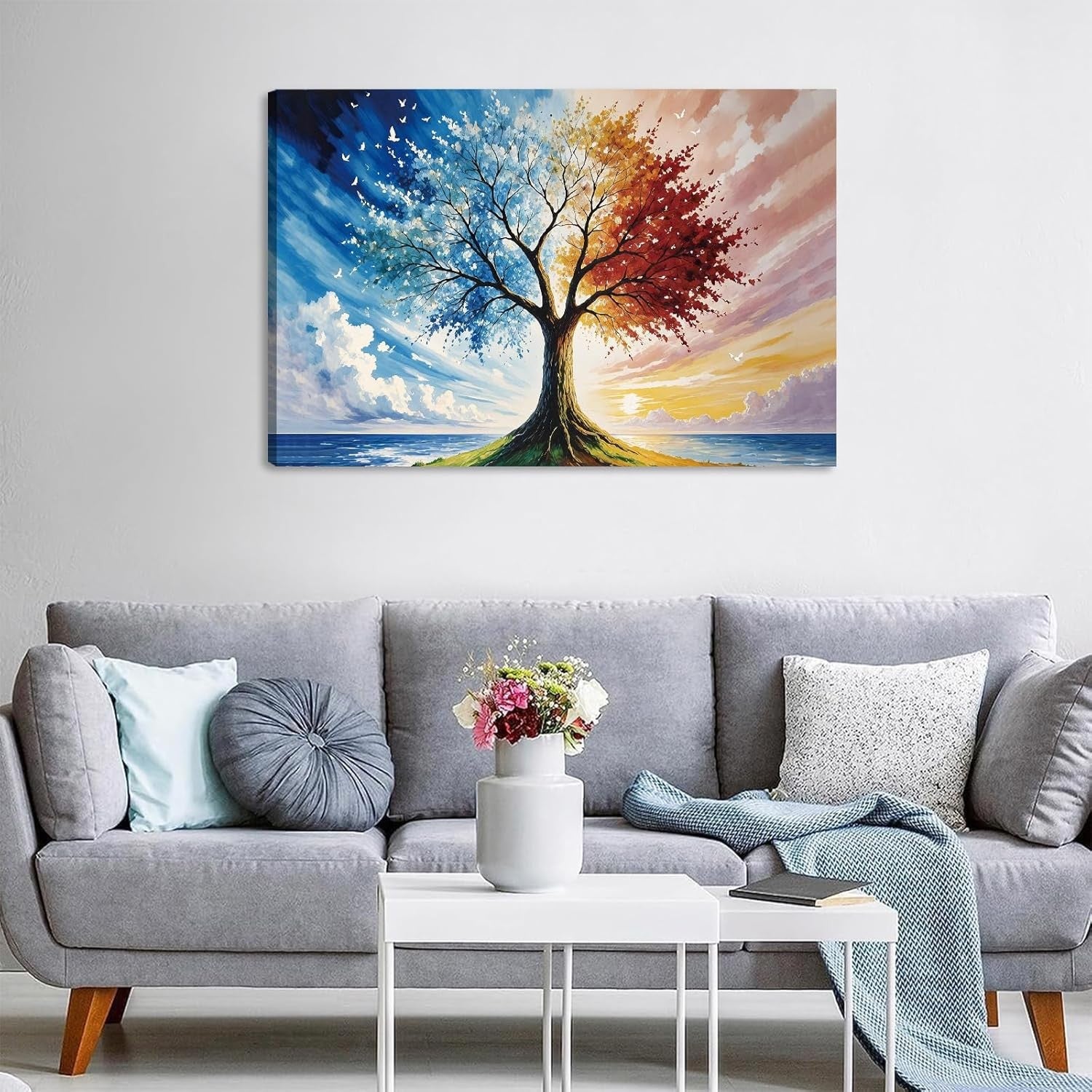 CHDITB Abstract Tree of Live Wall Art,Blue Yellow Tree Canvas Prints Poster,Natu