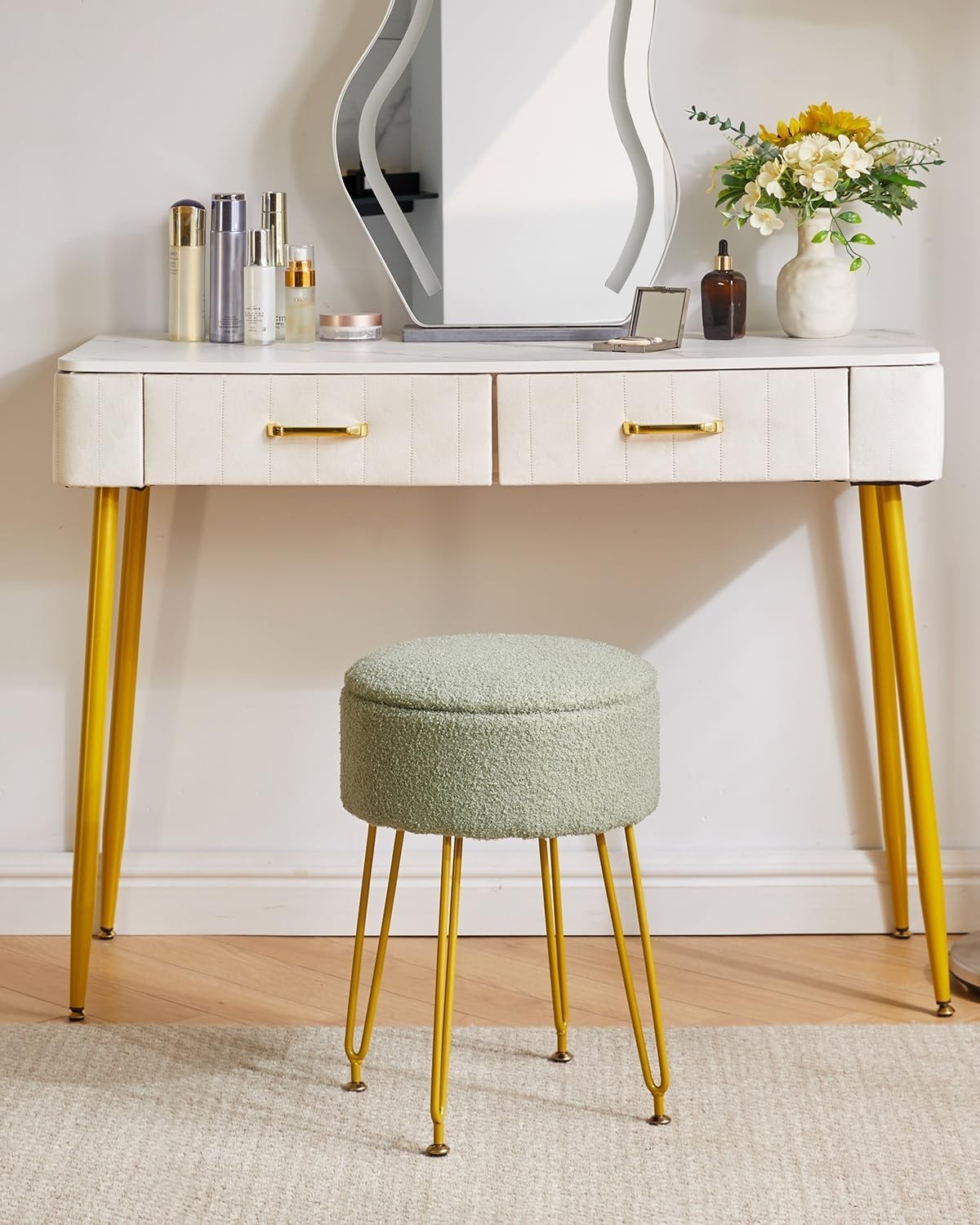 Light Green Teddy Velvet Storage Footrest Stool – Golden Leg Vanity Ottoman