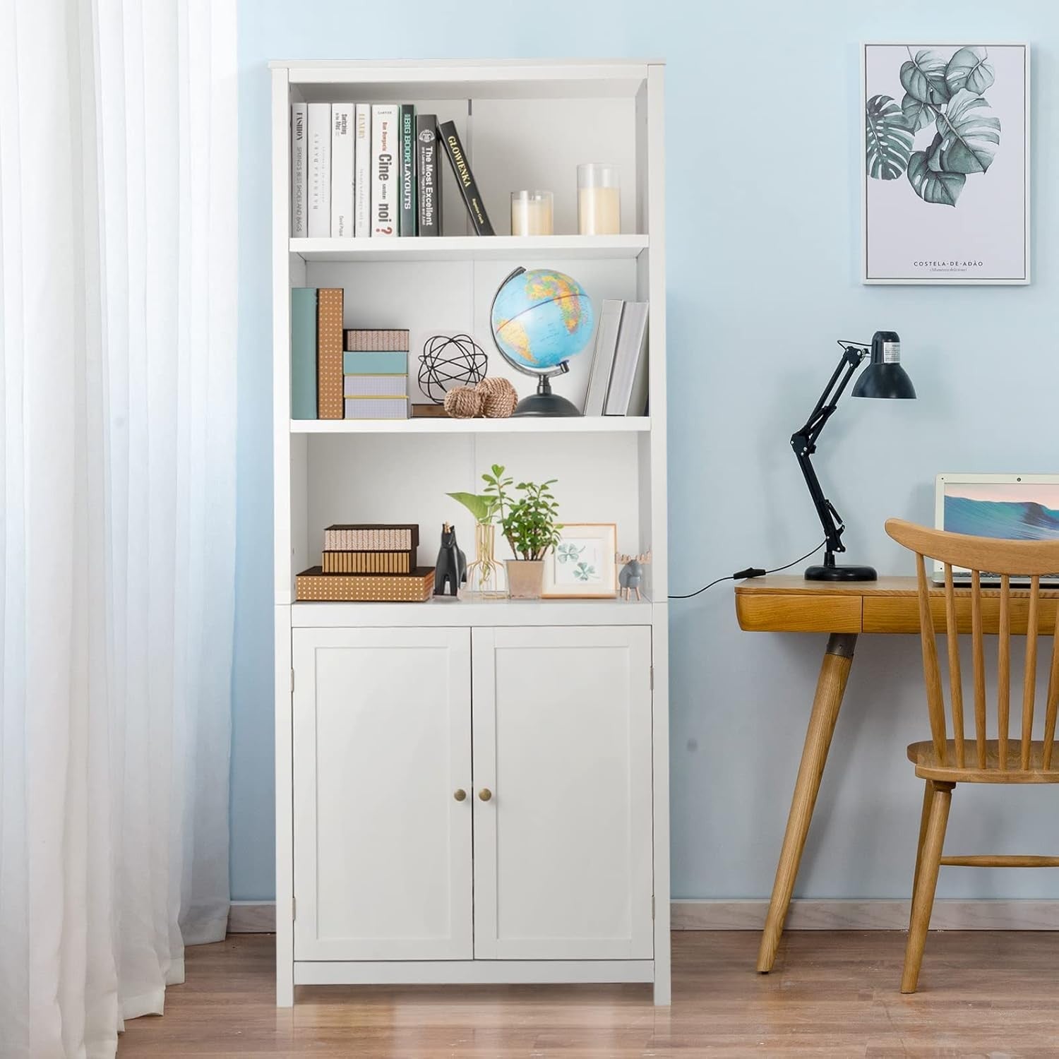 White 5-Tier Freestanding Bookcase with Cupboard, Adjustable Shelves, Tall