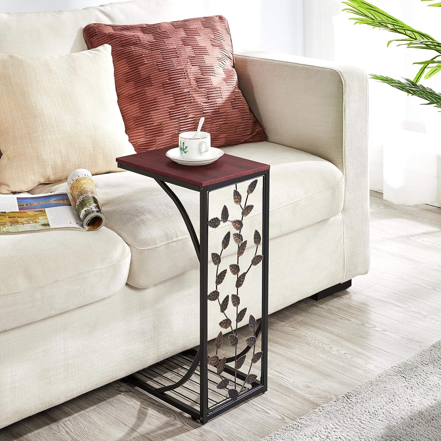 C-Shaped Side Table Set of 2 | Small Sofa End Table w/ Storage Shelf