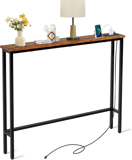 Slim Console Table with Power Outlets & USB, Space-Saving Hallway Desk, 15x100x7