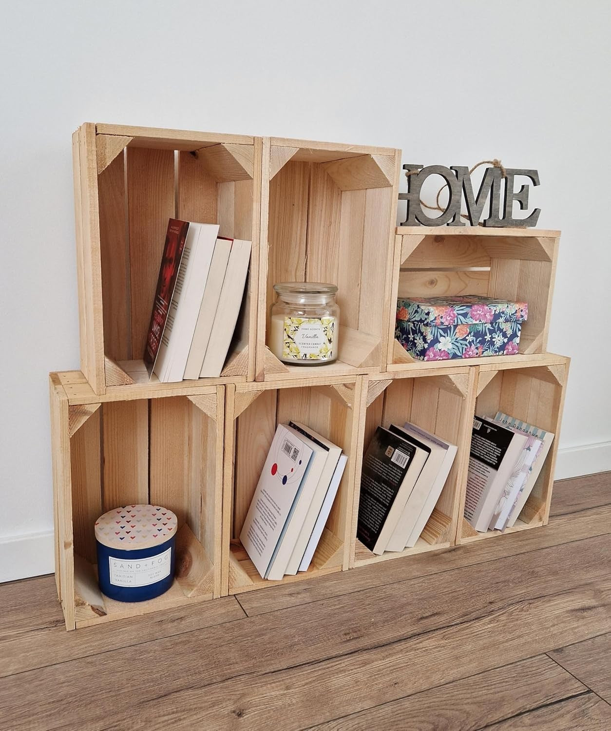 12-Piece Natural Burnt Textured Wooden Storage Crates Organizer 30x20x15cm