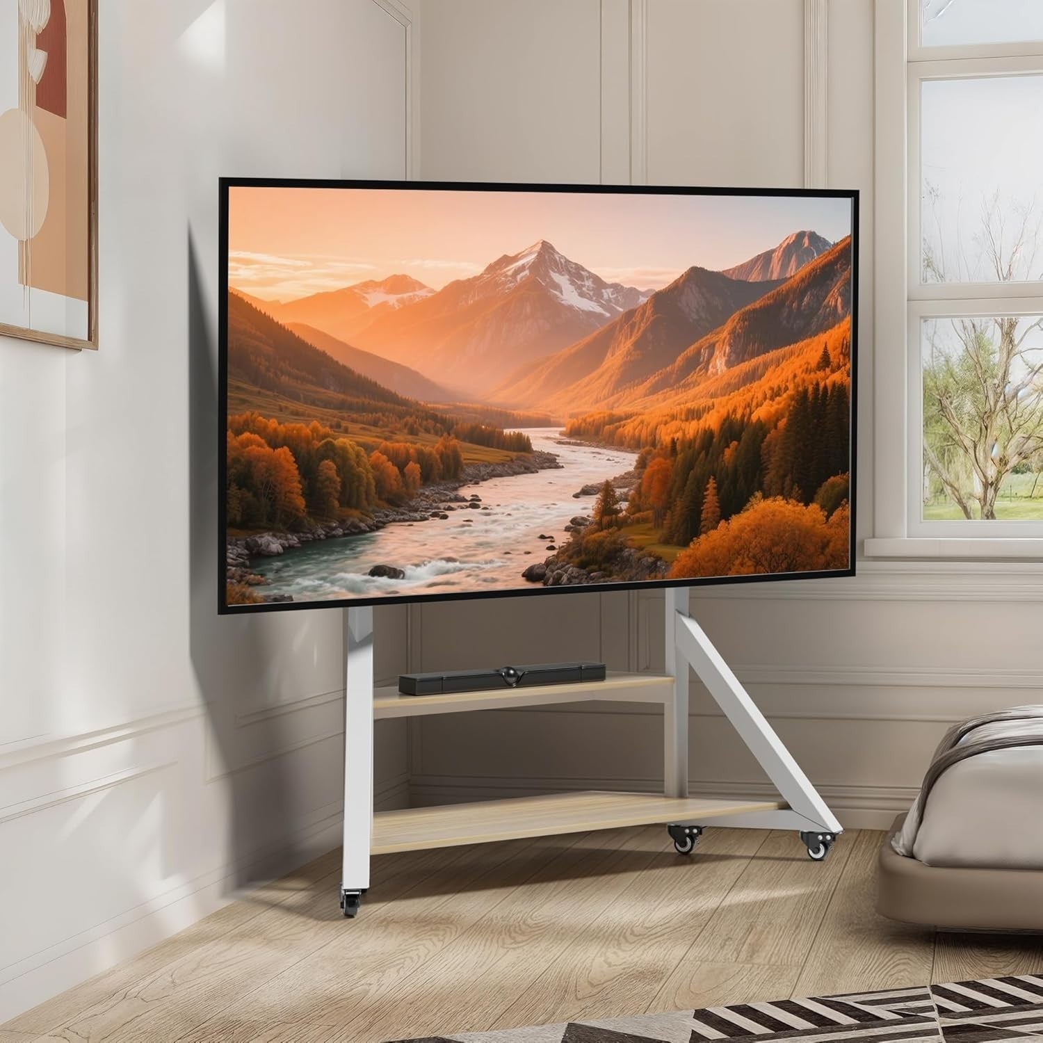 Mobile TV Stand 65-100" with Lockable Wheels, Adjustable Height & 2 Shelves