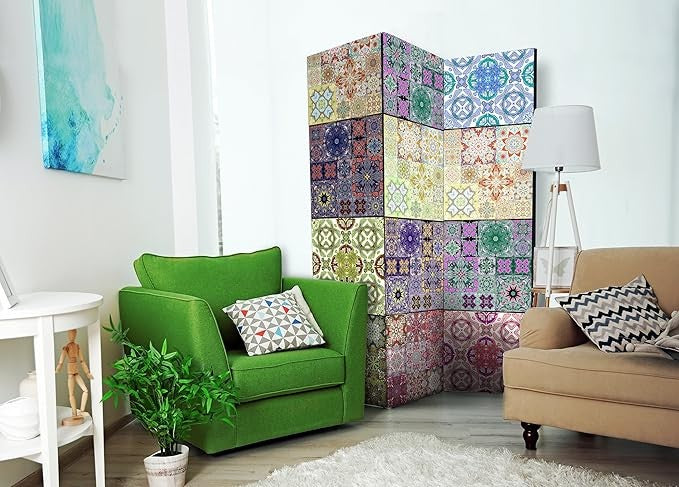 Colourful Patchwork Tile Design 3-Panel Privacy Folding Room Divider 135x172cm