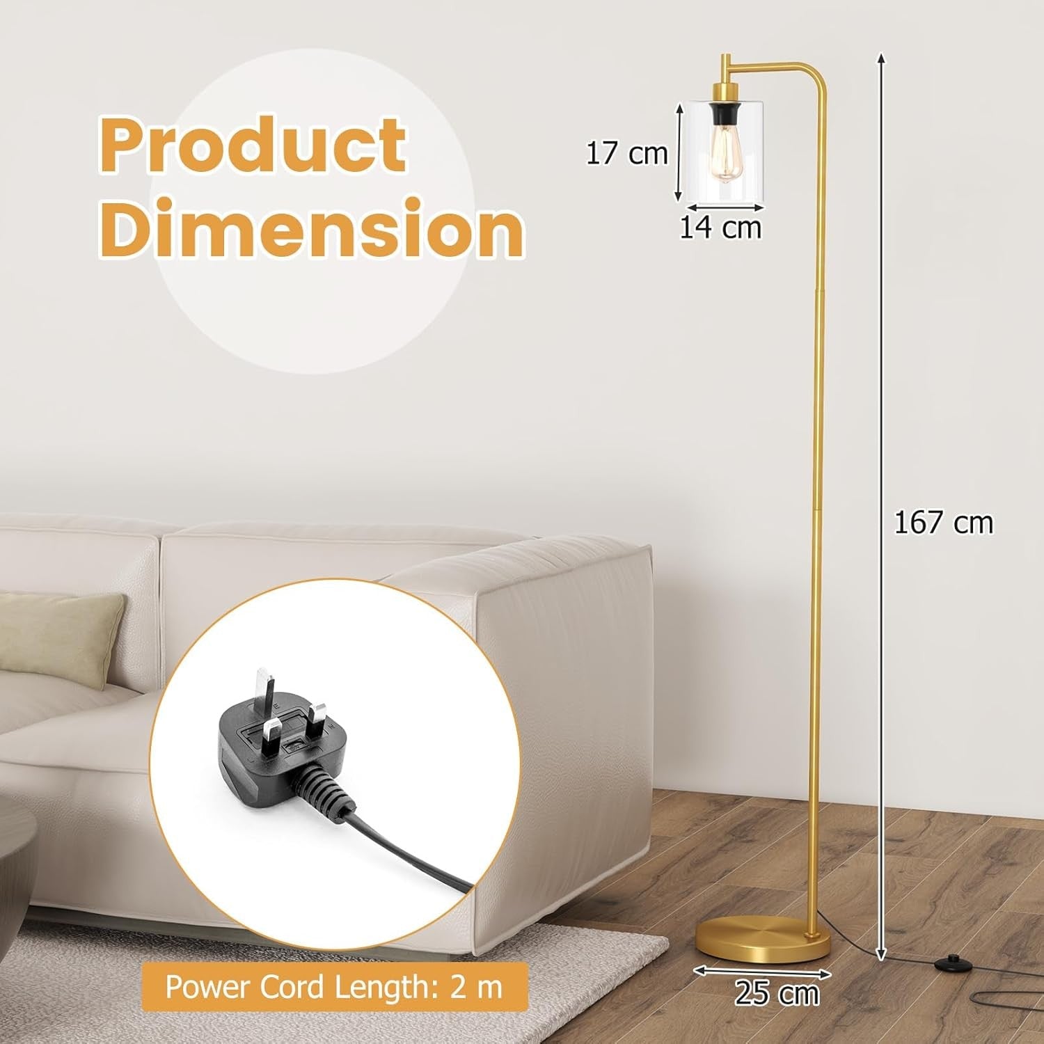 Industrial Floor Lamp Glass Shade Gold Tall Standing Light Foot Switch