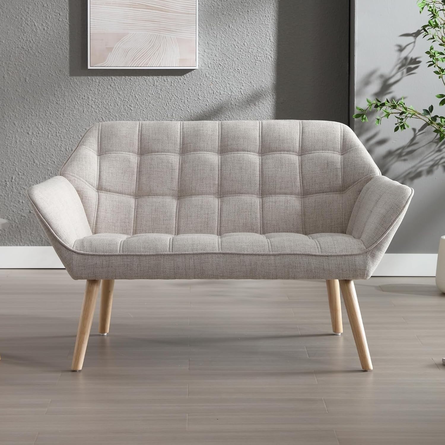 2 Seater Linen Sofa Tub Chair Beige Loveseat Armchair Wood Legs Lounge