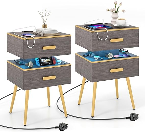 2x LED Smart Bedside Tables with Charging Station | 2-Drawer Modern Nightstands