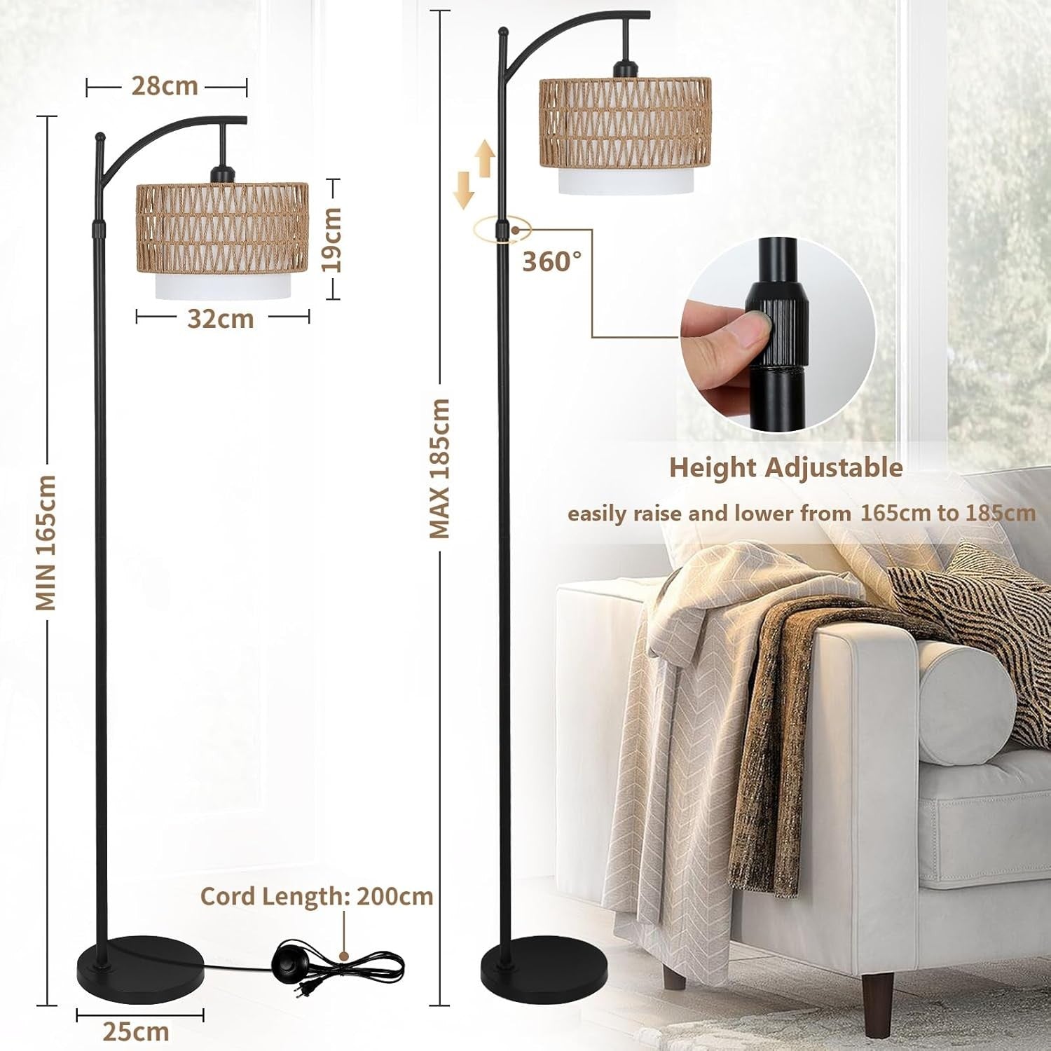 Arc Floor Lamp Remote Control Dimmable Boho Rattan Linen Shade Reading Light