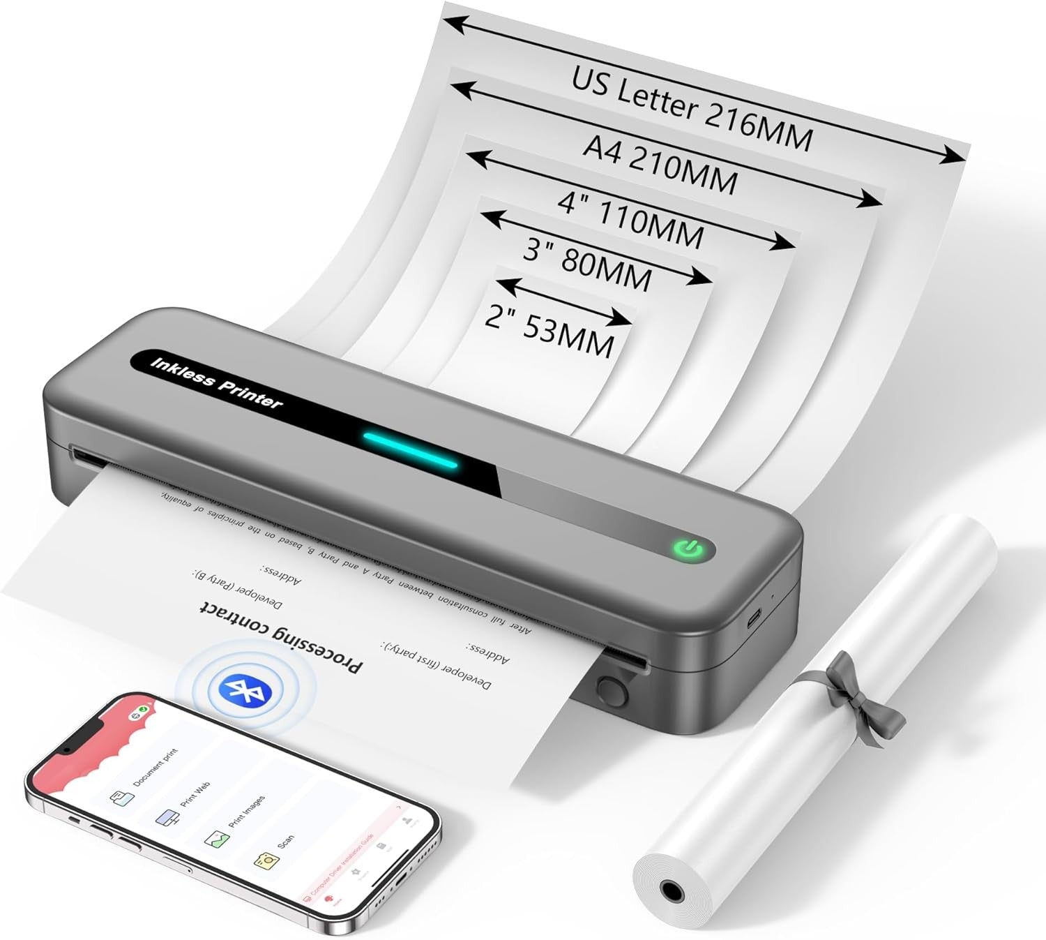Portable Bluetooth Thermal Printer US Letter Inkless Mobile Printer