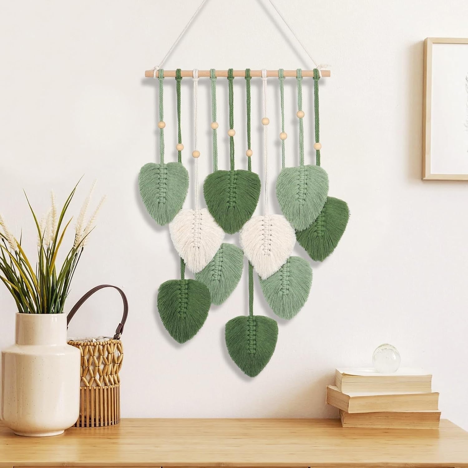 Green Macrame Wall Hanging Leaf Tapestry 40x90cm Boho Decor