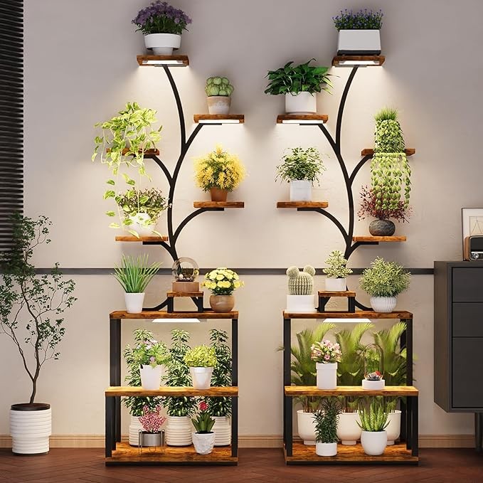 9 Tier Metal Plant Stand with Adjustable Grow Lights Indoor Tall Flower Shelf