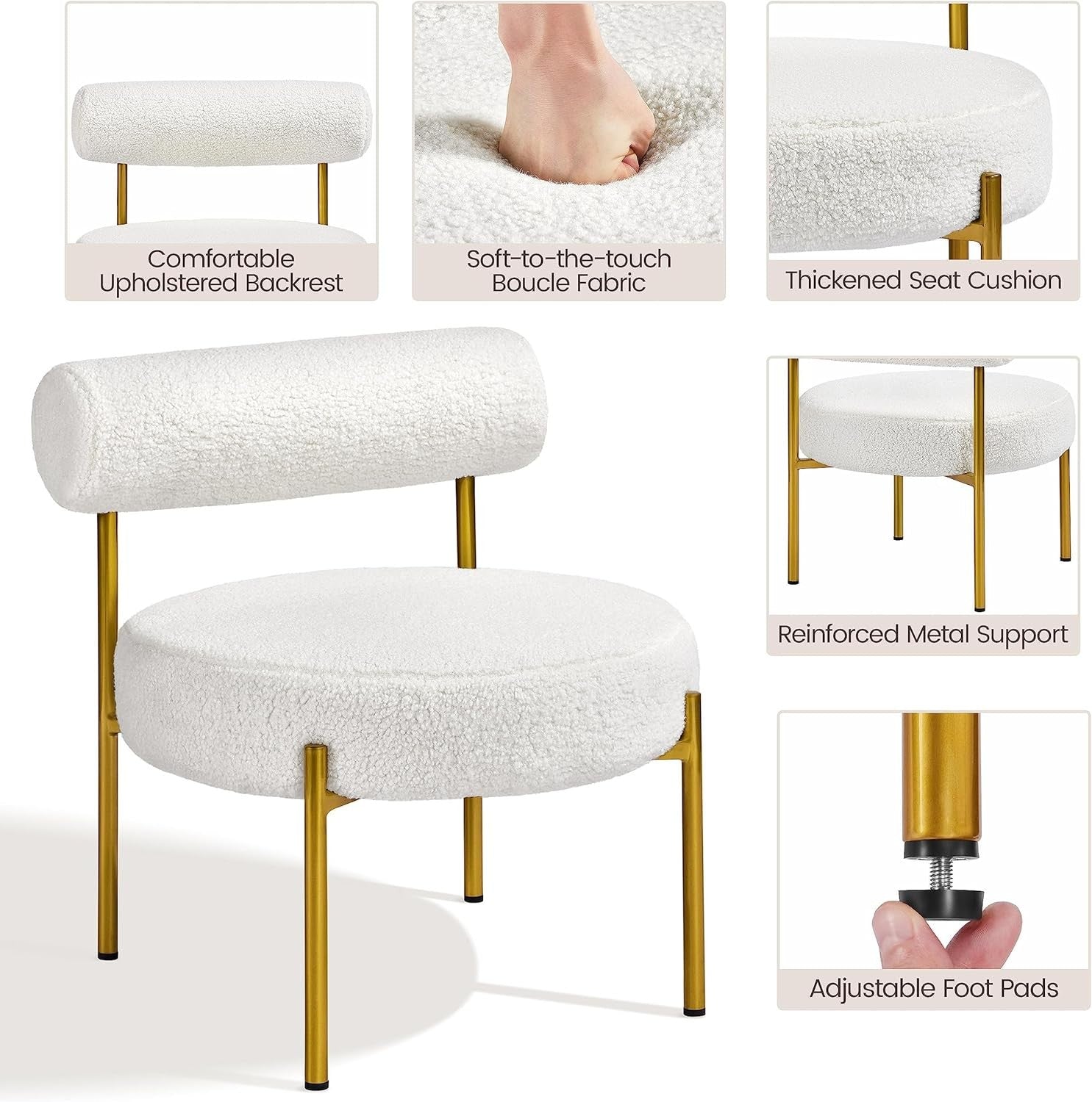 Boucle Tub Chair White Tufted Accent Armchair Gold Legs