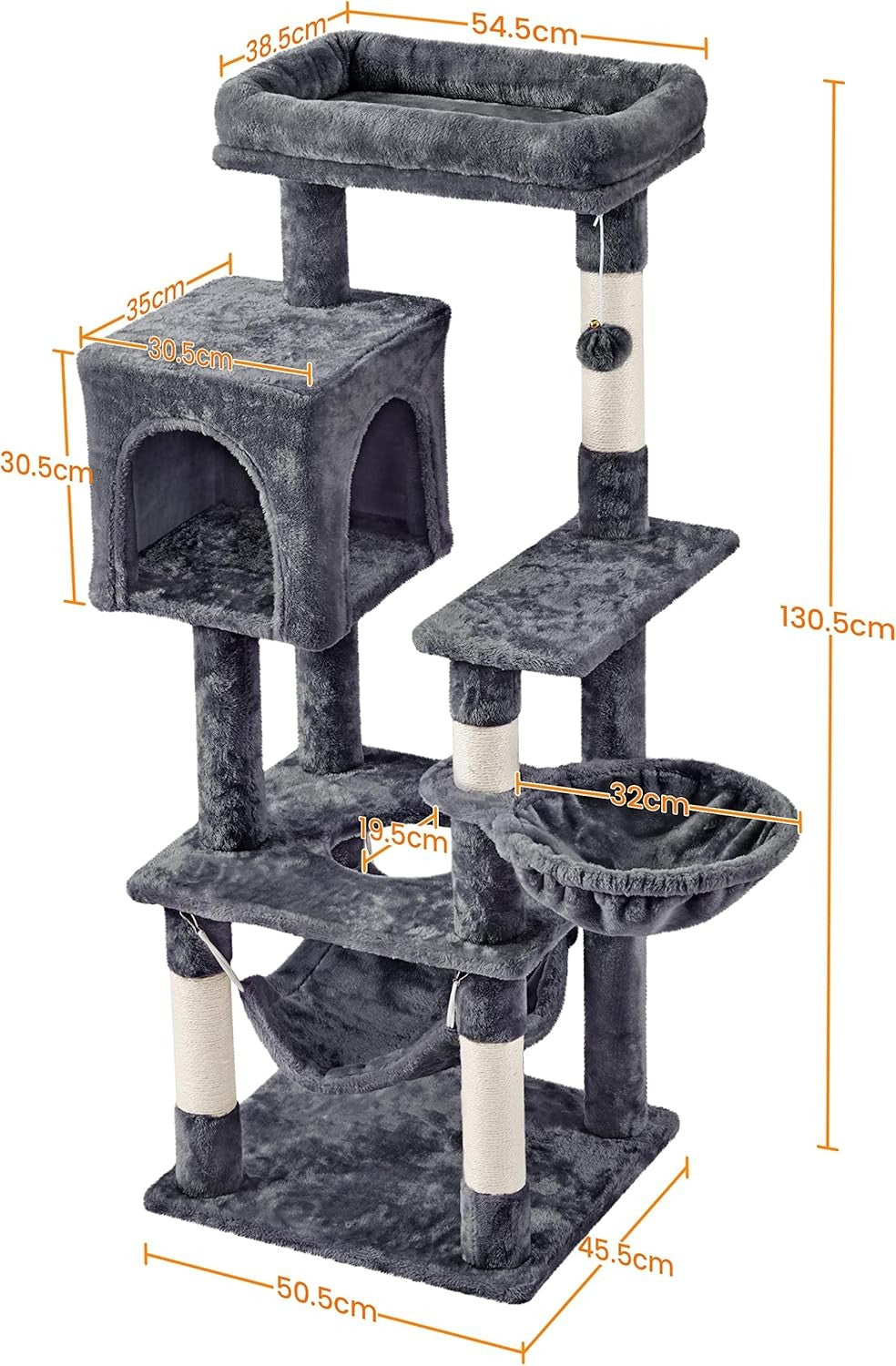 Cat Tree Tower 130cm Multi Level Scratching Post Condo Hammock Dark Grey