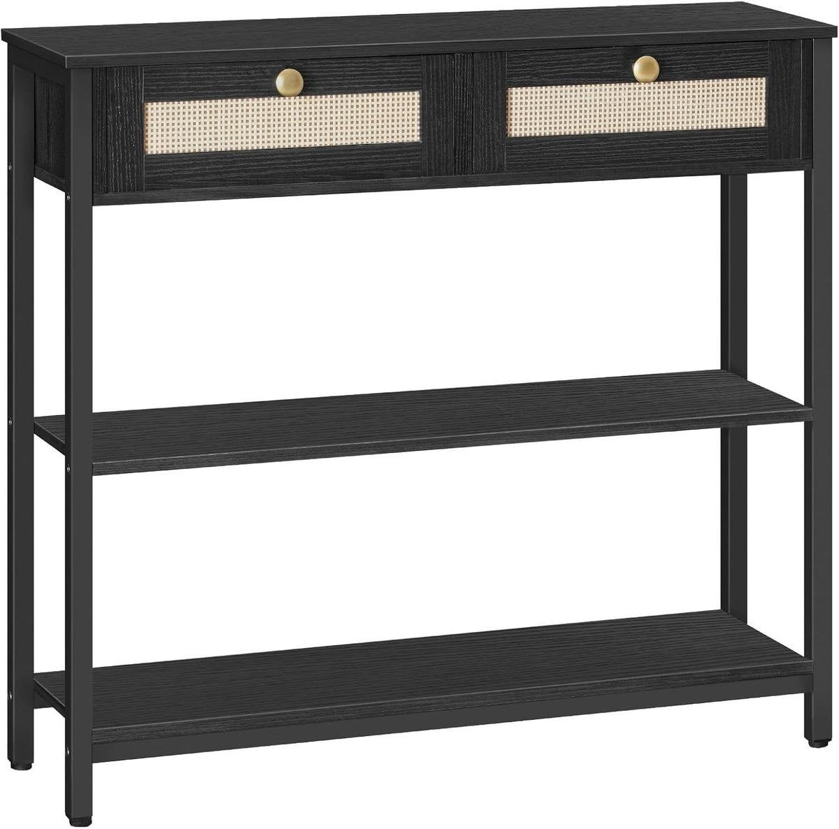Black Rattan Console Table with Drawers & Shelves, Narrow Hallway Storage