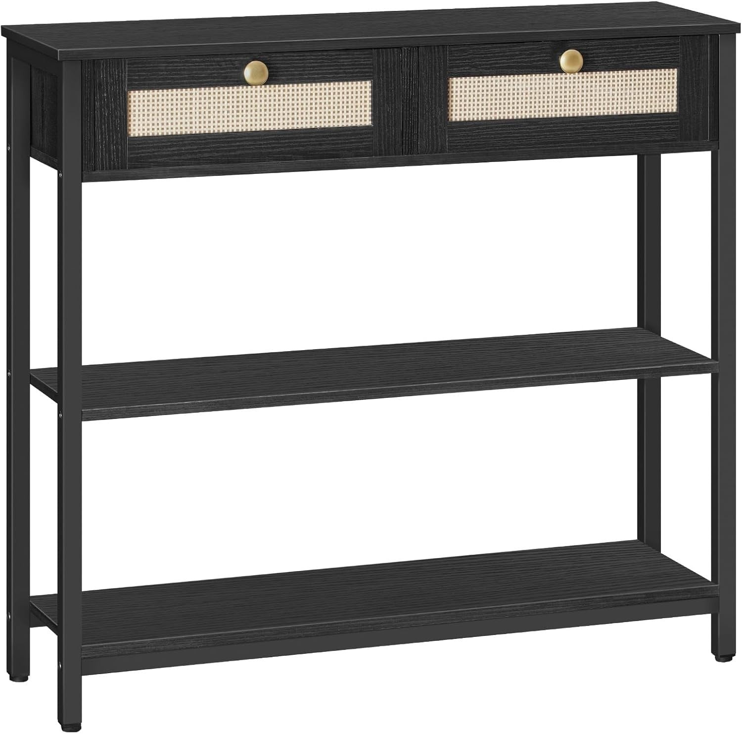 Black Rattan Console Table with Drawers & Shelves, Narrow Hallway Storage