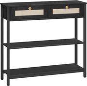 Black Rattan Console Table with Drawers & Shelves, Narrow Hallway Storage