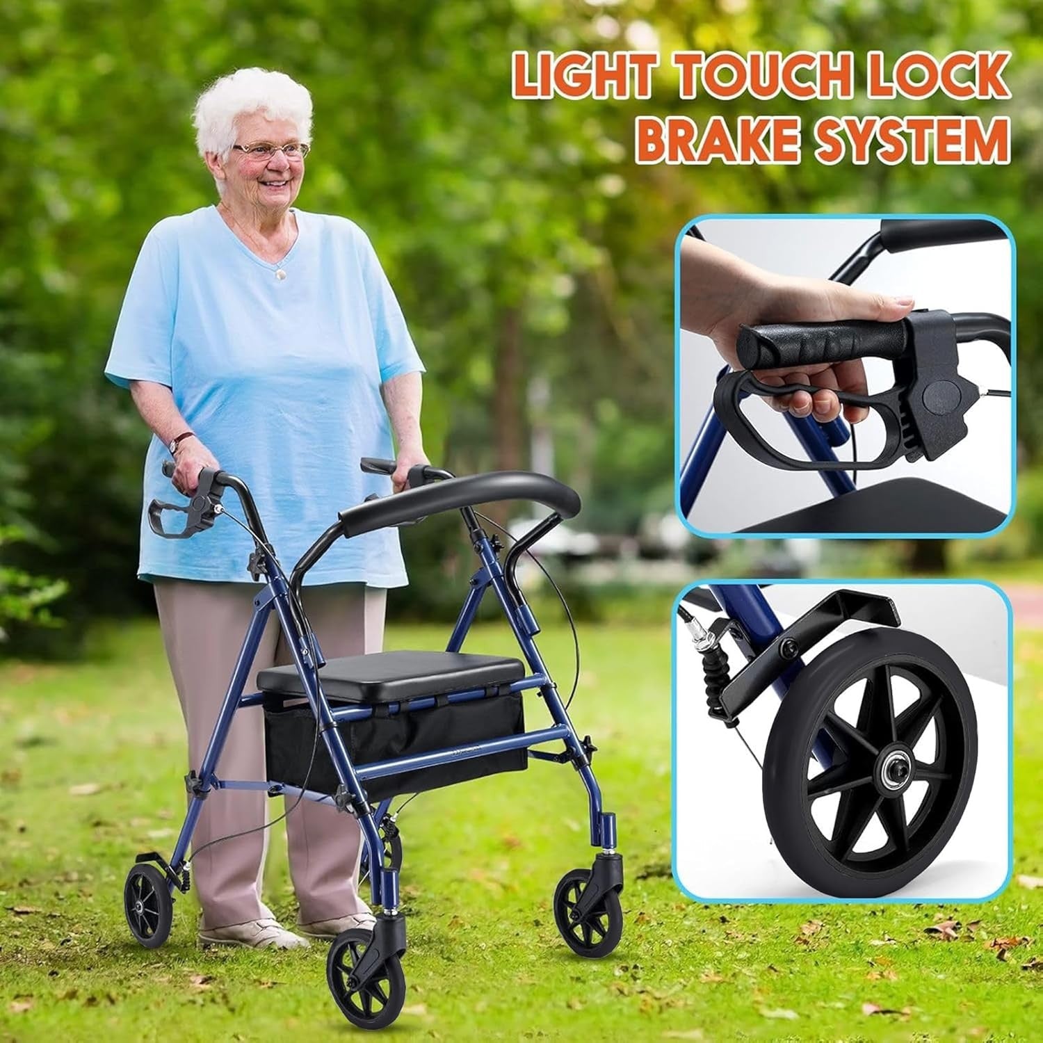 Lightweight Folding Rollator Walker with Seat 4 Wheels Adjustable Brakes